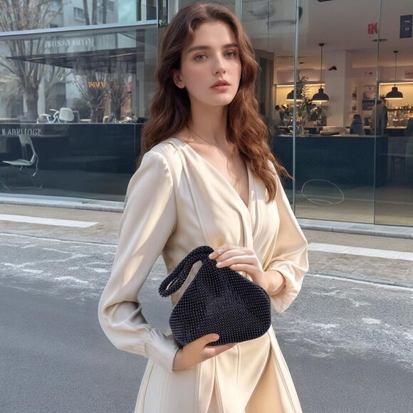 🆕Women Black Polyester Beaded Clutch Purse Vintage Triangle Bag  Prom Wedding - Picture 7 of 7